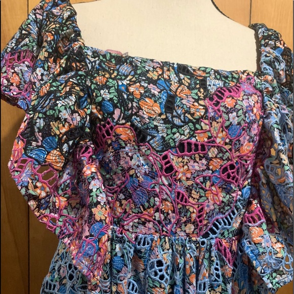 Anthropologie Black Blue Floral Embroidery Off The Shoulders Lined Maxi Dress - Picture 5 of 16